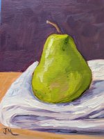 Painting Green pear on tablecloth (framed) Oil on Panel